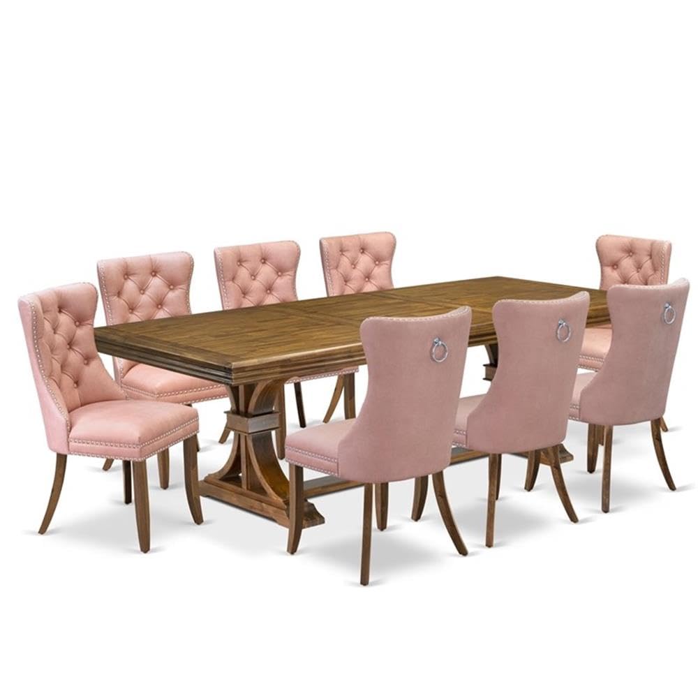 9-Piece Walnut Acacia Wood Dining Set with Faux Leather Chairs M573