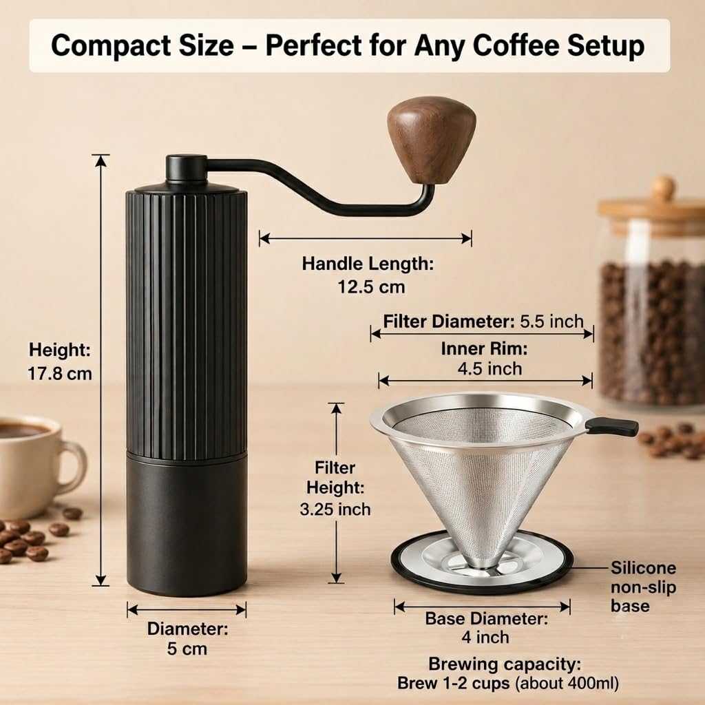 Manual Coffee Grinder with Strainer & Brush, Adjustable Stainless Steel Burr, 30g Hand Crank Coffee Mill, Aluminum Body & Walnut Handle U7986
