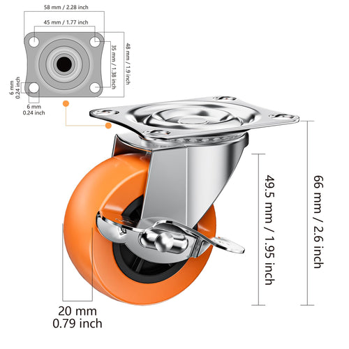2" Plate Casters with Brake, 8 Pack PU Swivel Wheels W86625