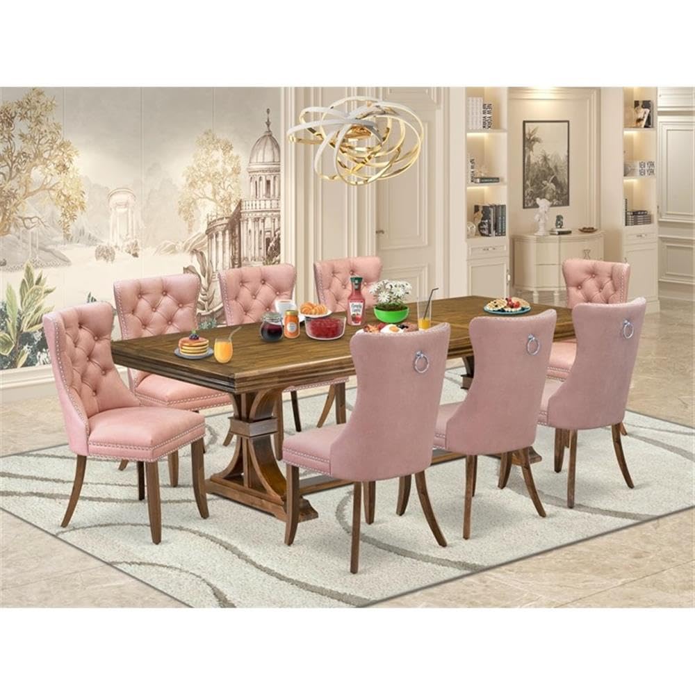 9-Piece Walnut Acacia Wood Dining Set with Faux Leather Chairs M573