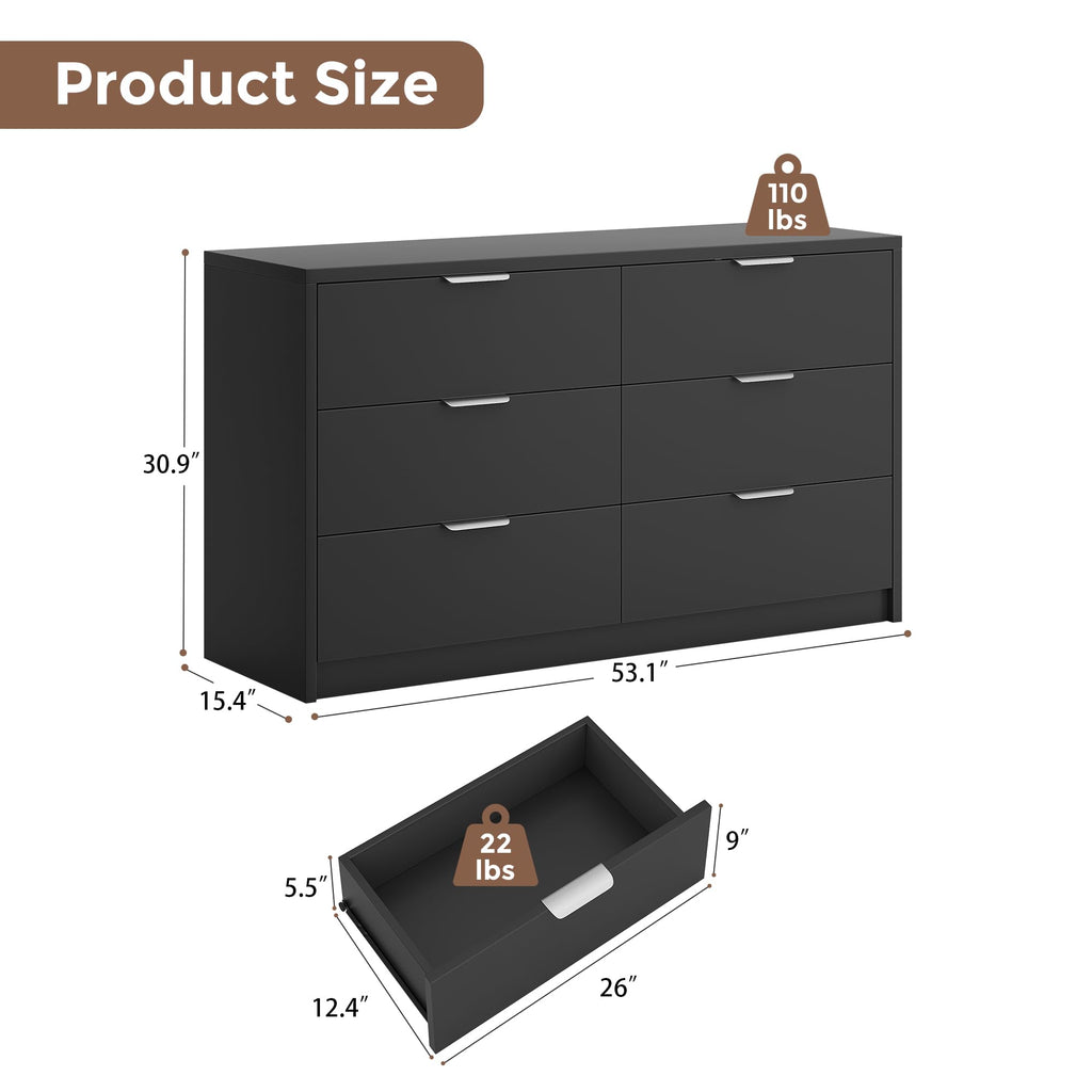 53" Wide 6 Drawer Wood Dresser U897