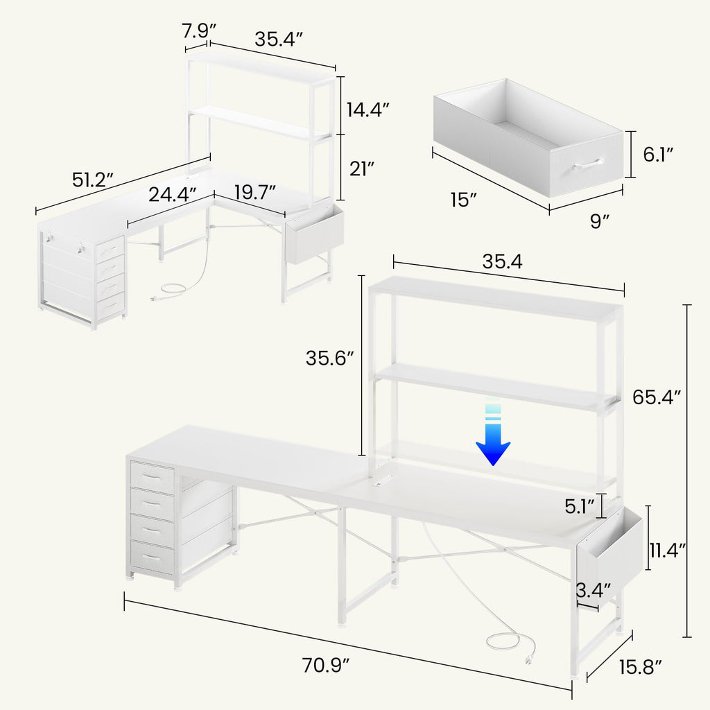 L Shaped Corner Desk with 4 Drawer, Power Outlet & LED Lights, White U540