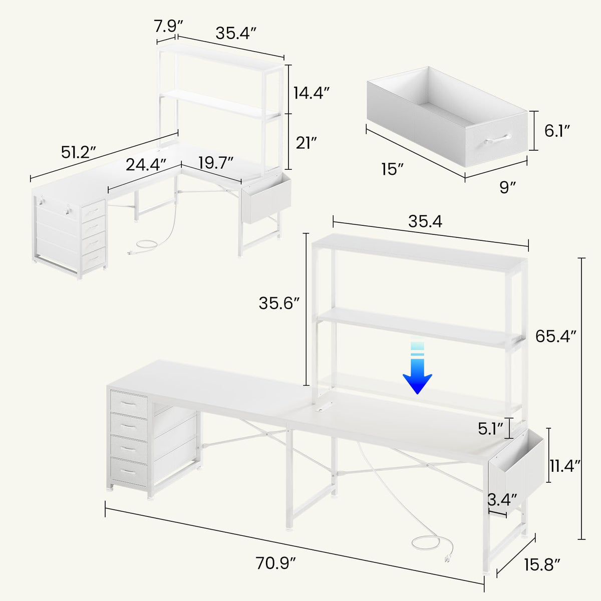 L Shaped Corner Desk with 4 Drawer, Power Outlet & LED Lights, White U540