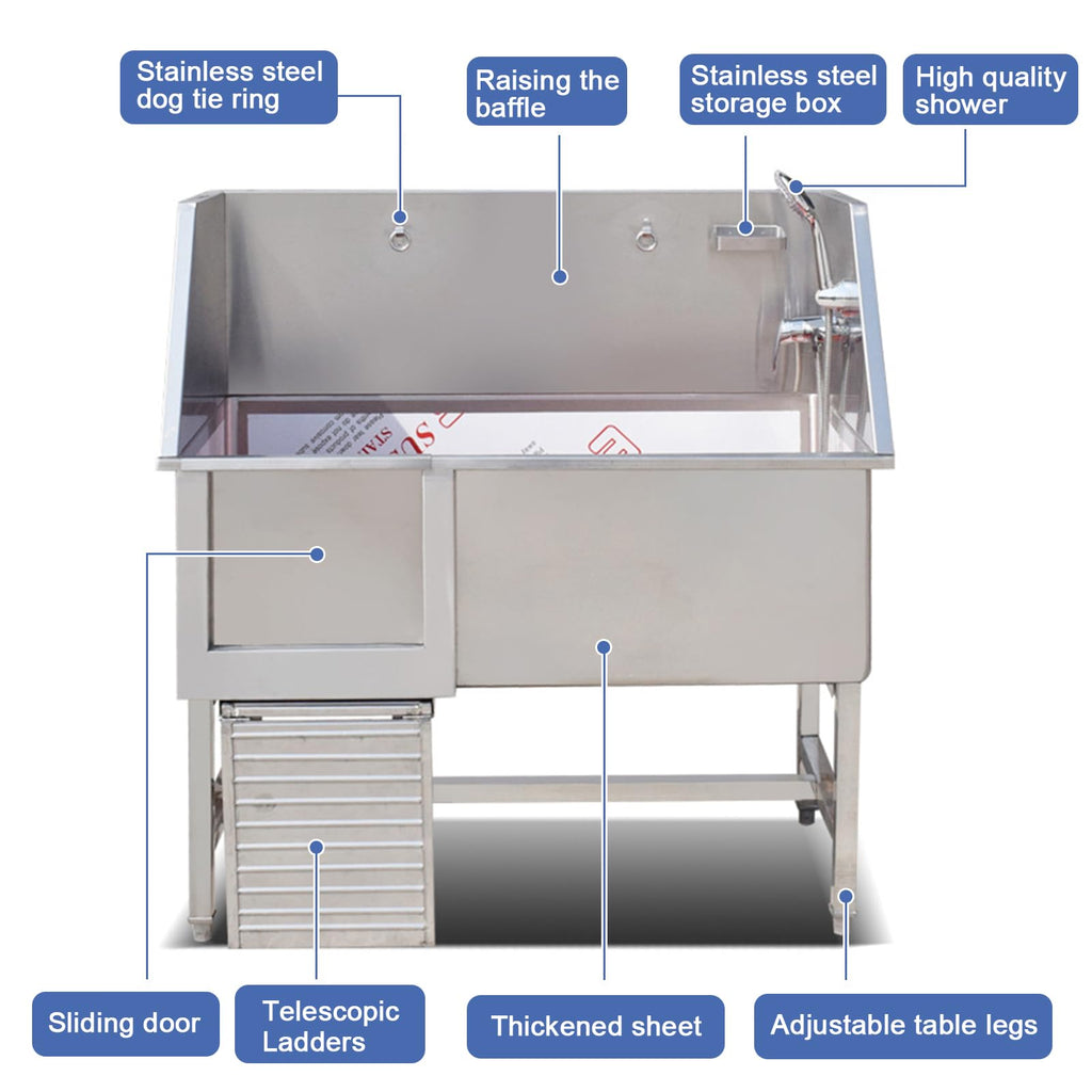 Stainless Steel Dog Grooming Station with Non-Slip Stairs & Sliding Door I39888