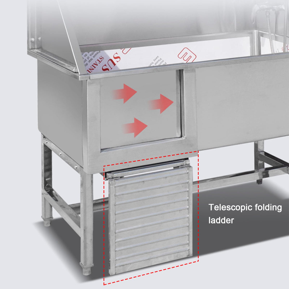 Stainless Steel Dog Grooming Station with Non-Slip Stairs & Sliding Door I39888