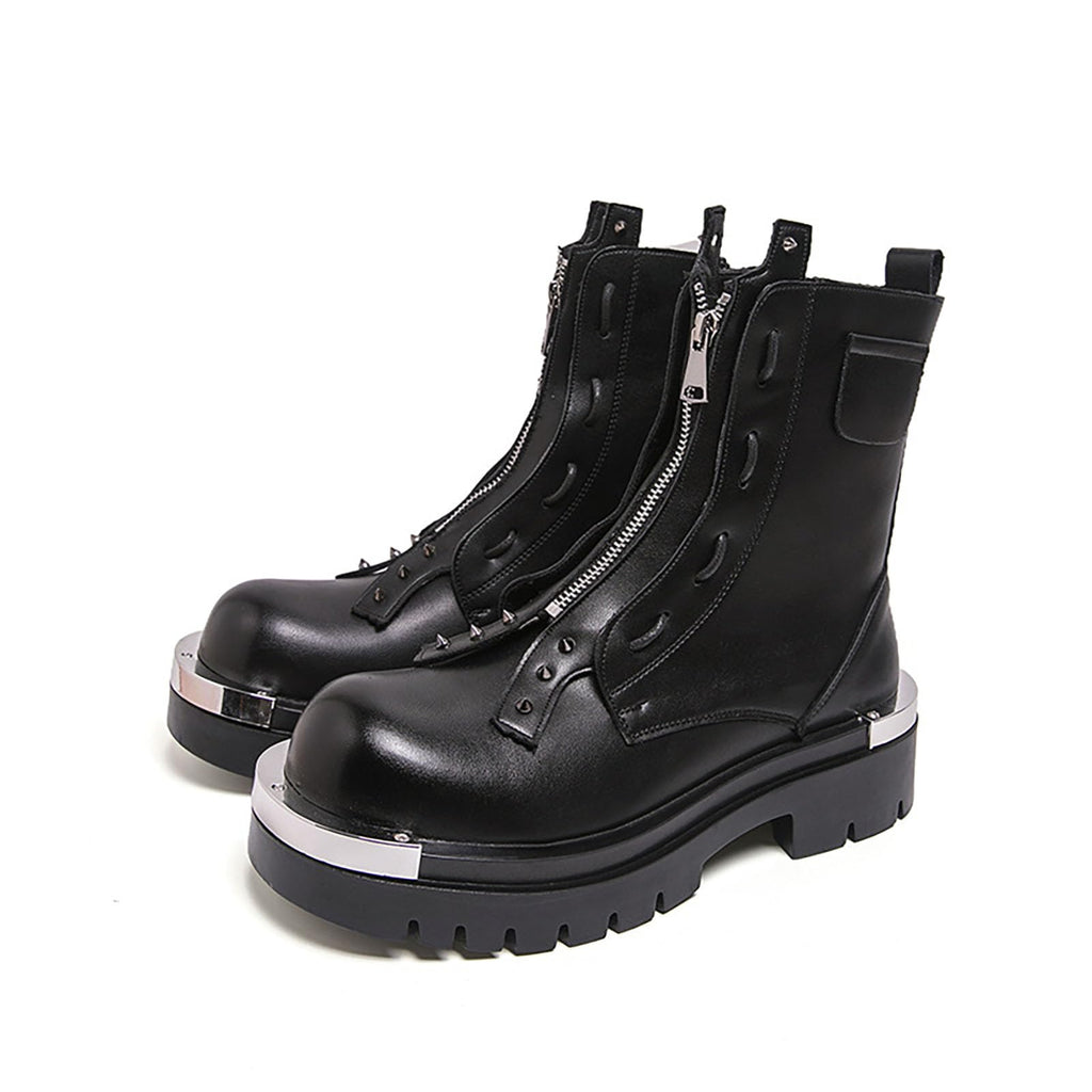 Men'S Leather Chunky Heel Motorcycle Boots With Front Zipper Round Toe Non-Slip Lug Sole Platform Ankle Boots V58598