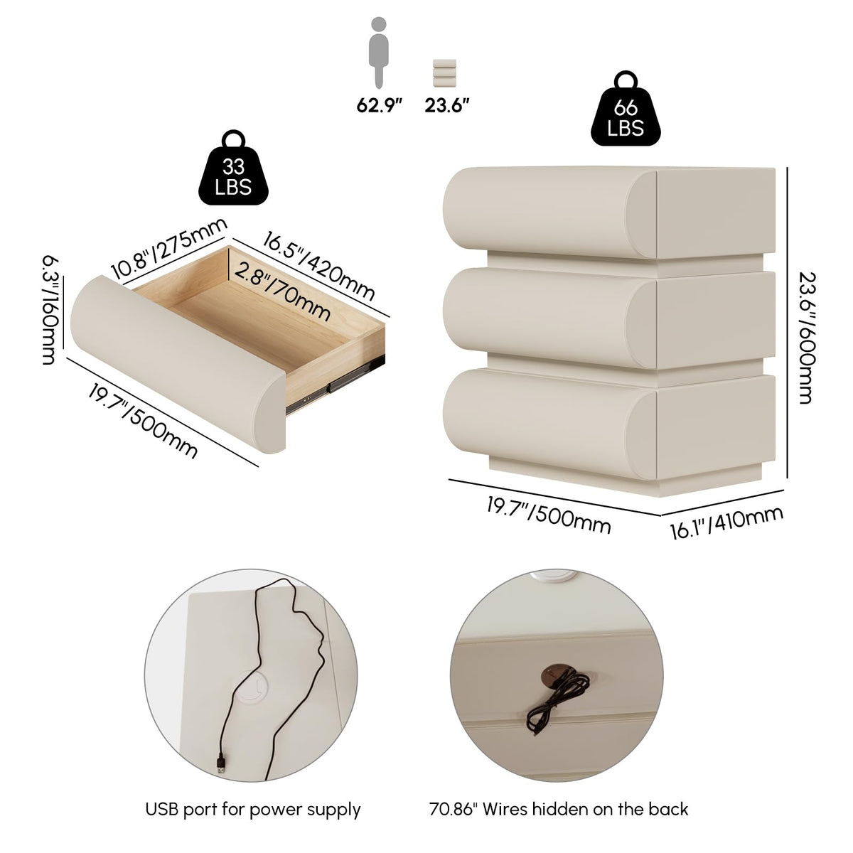 Off White Faux Leather 3 Drawer Nightstand Z2088