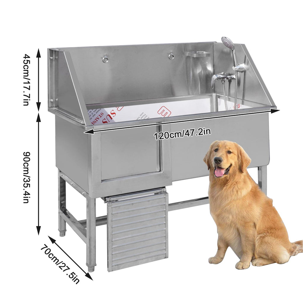 Stainless Steel Dog Grooming Station with Non-Slip Stairs & Sliding Door I39888