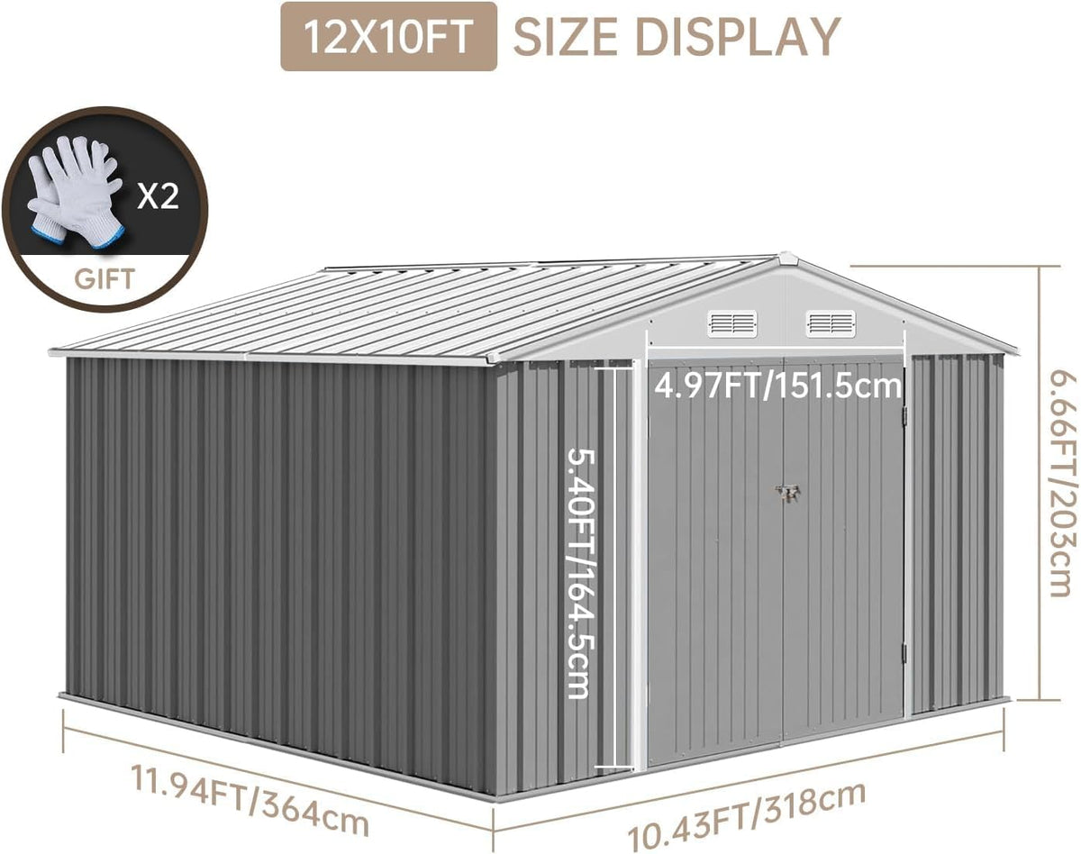 12X10FT Metal Storage Shed with Lockable Doors F186