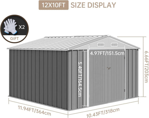 12X10FT Metal Storage Shed with Lockable Doors F186