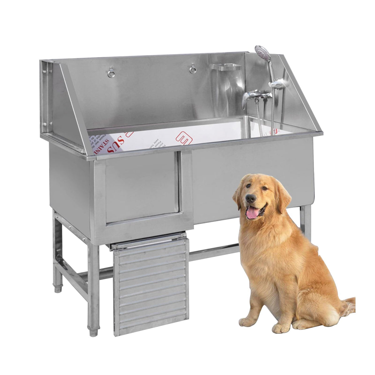 Stainless Steel Dog Grooming Station with Non-Slip Stairs & Sliding Door I39888