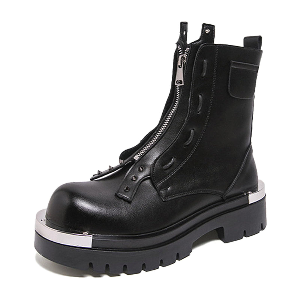 Men'S Leather Chunky Heel Motorcycle Boots With Front Zipper Round Toe Non-Slip Lug Sole Platform Ankle Boots V58598