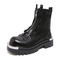 Men'S Leather Chunky Heel Motorcycle Boots With Front Zipper Round Toe Non-Slip Lug Sole Platform Ankle Boots V58598