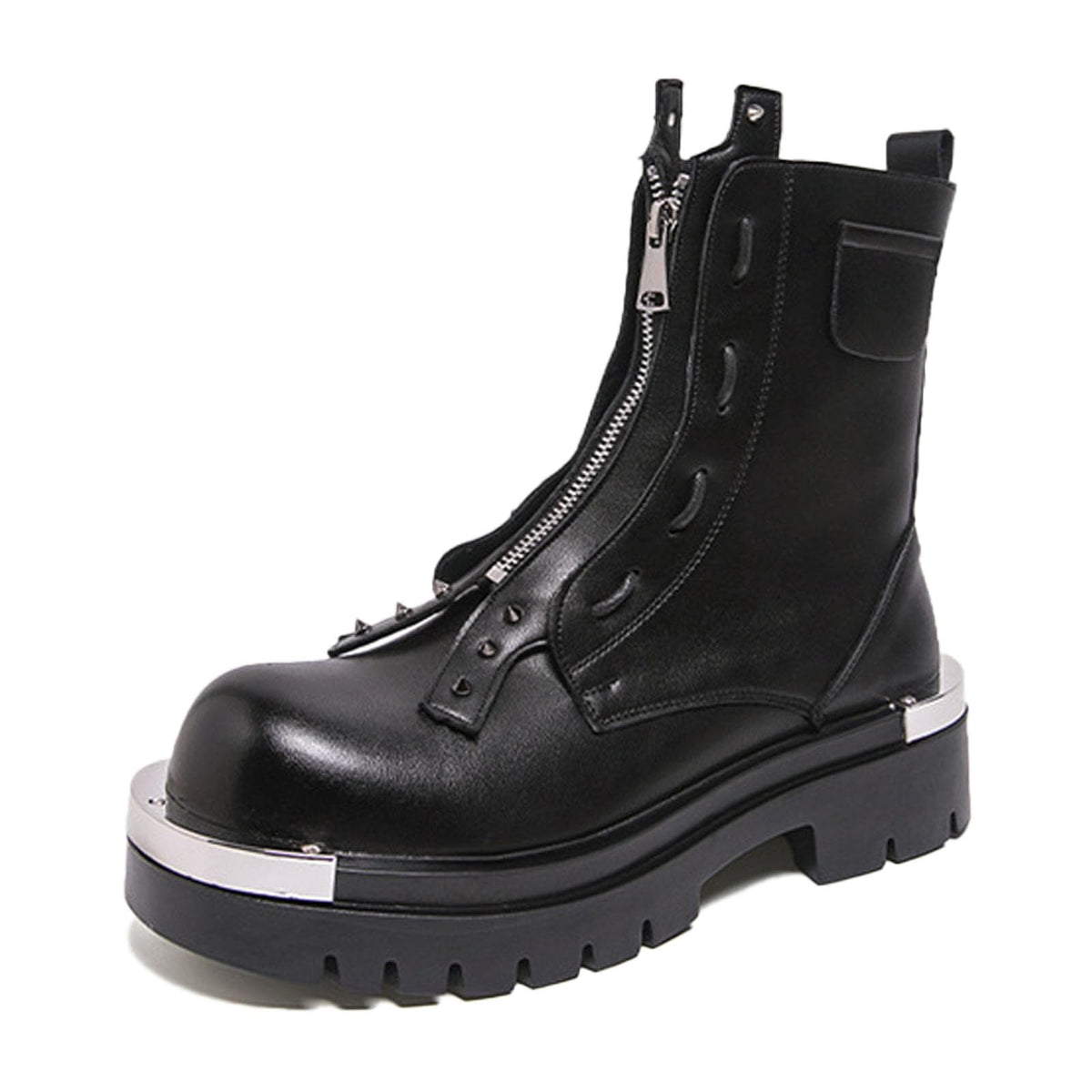 Men'S Leather Chunky Heel Motorcycle Boots With Front Zipper Round Toe Non-Slip Lug Sole Platform Ankle Boots V58598