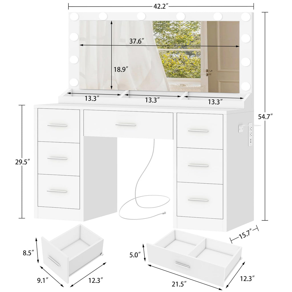 White Vanity Desk with 12 LED Lights and 7 Drawers K9359