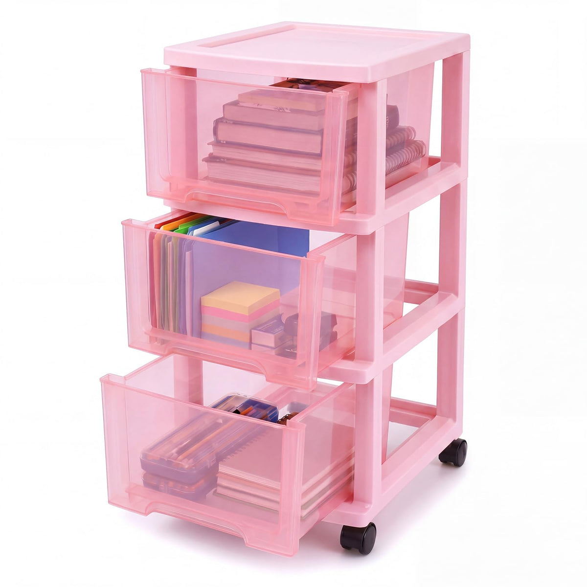 Pink 3-tier Plastic Storage Cart with Wheels W518159