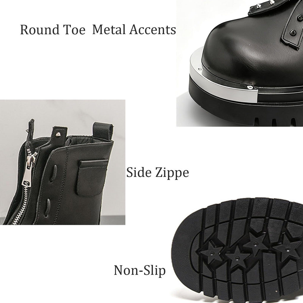 Men'S Leather Chunky Heel Motorcycle Boots With Front Zipper Round Toe Non-Slip Lug Sole Platform Ankle Boots V58598