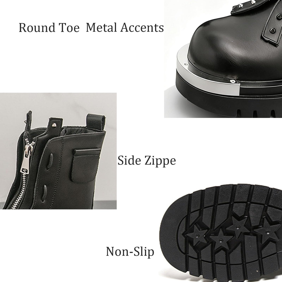 Men'S Leather Chunky Heel Motorcycle Boots With Front Zipper Round Toe Non-Slip Lug Sole Platform Ankle Boots V58598