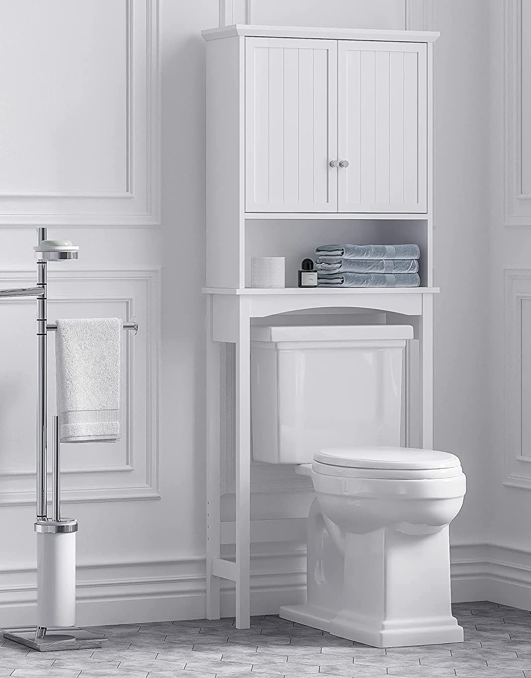 Over the Toilet Storage Cabinet with Doors, Adjustable Shelf, White J18313
