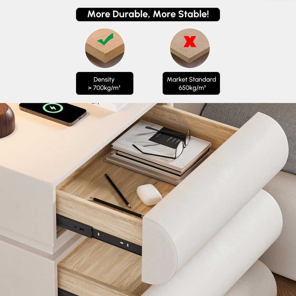 Off White Faux Leather 3 Drawer Nightstand Z2088