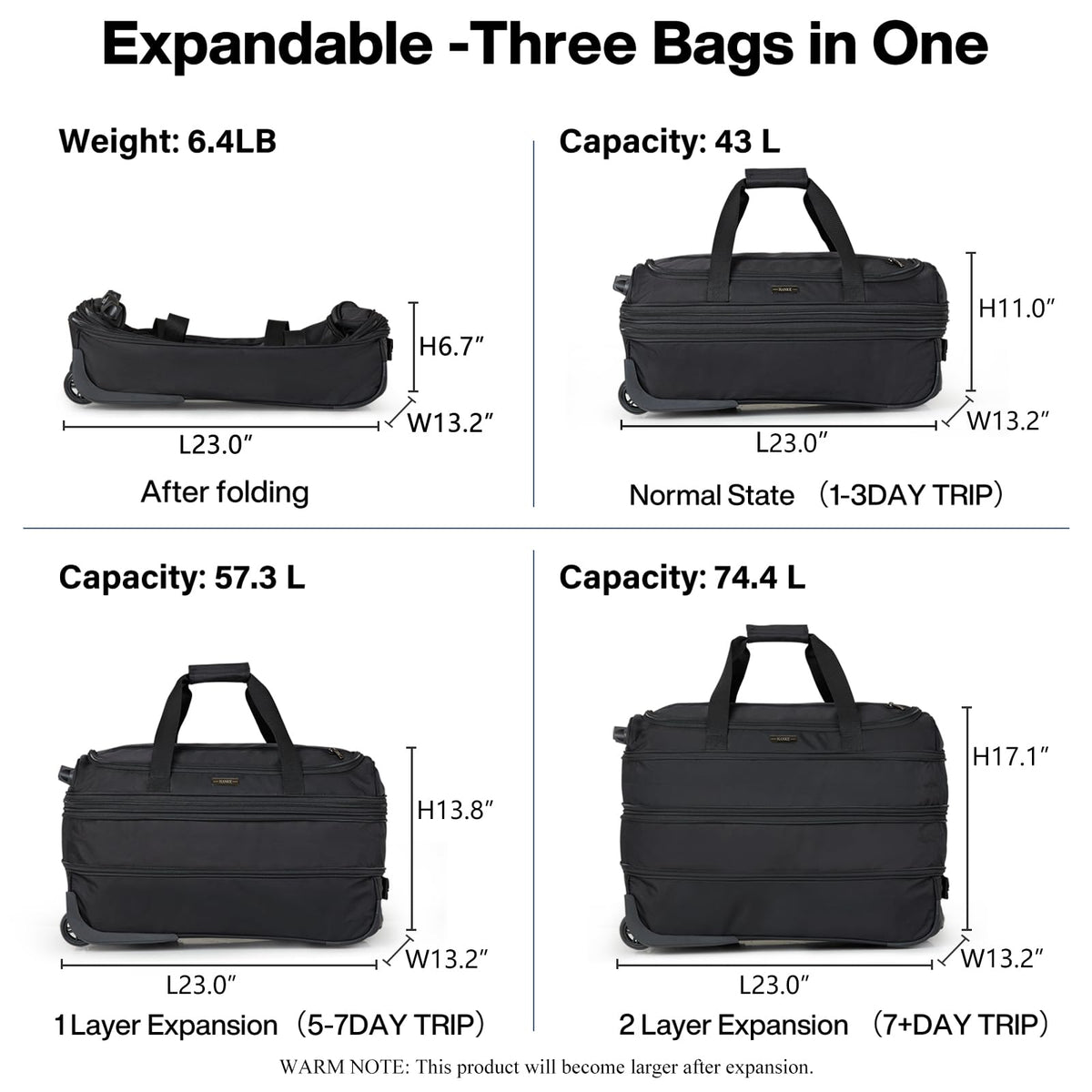 Expandable Carry On Luggage with Wheels Foldable Duffle Bag S5914