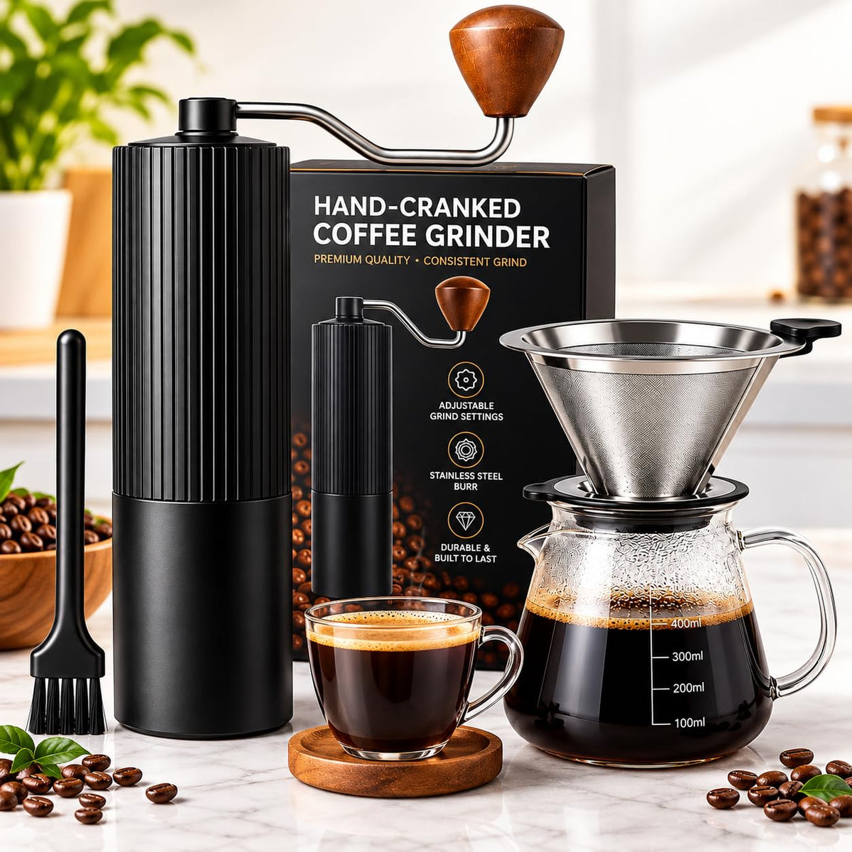 Manual Coffee Grinder with Strainer & Brush, Adjustable Stainless Steel Burr, 30g Hand Crank Coffee Mill, Aluminum Body & Walnut Handle U7986