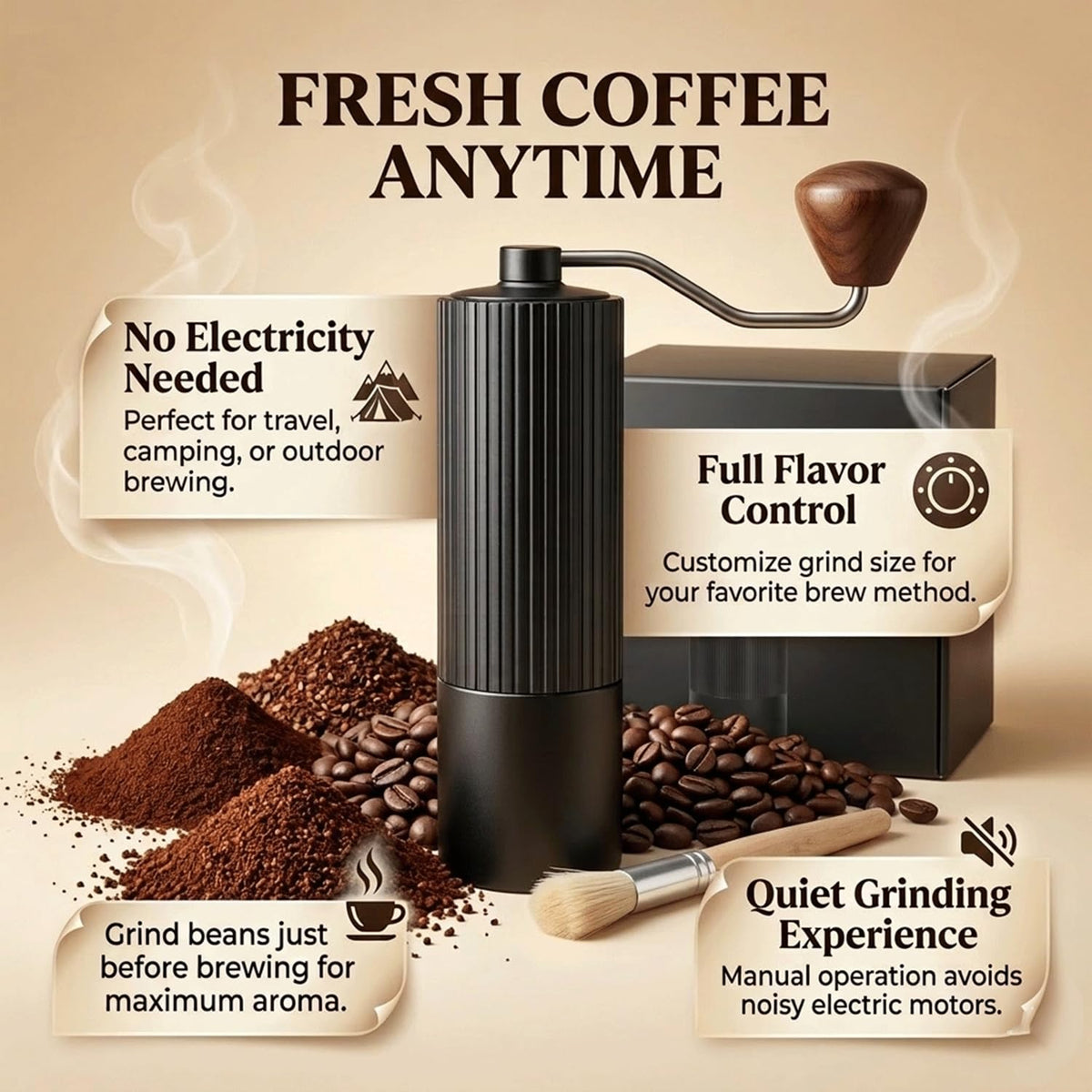 Manual Coffee Grinder with Strainer & Brush, Adjustable Stainless Steel Burr, 30g Hand Crank Coffee Mill, Aluminum Body & Walnut Handle U7986