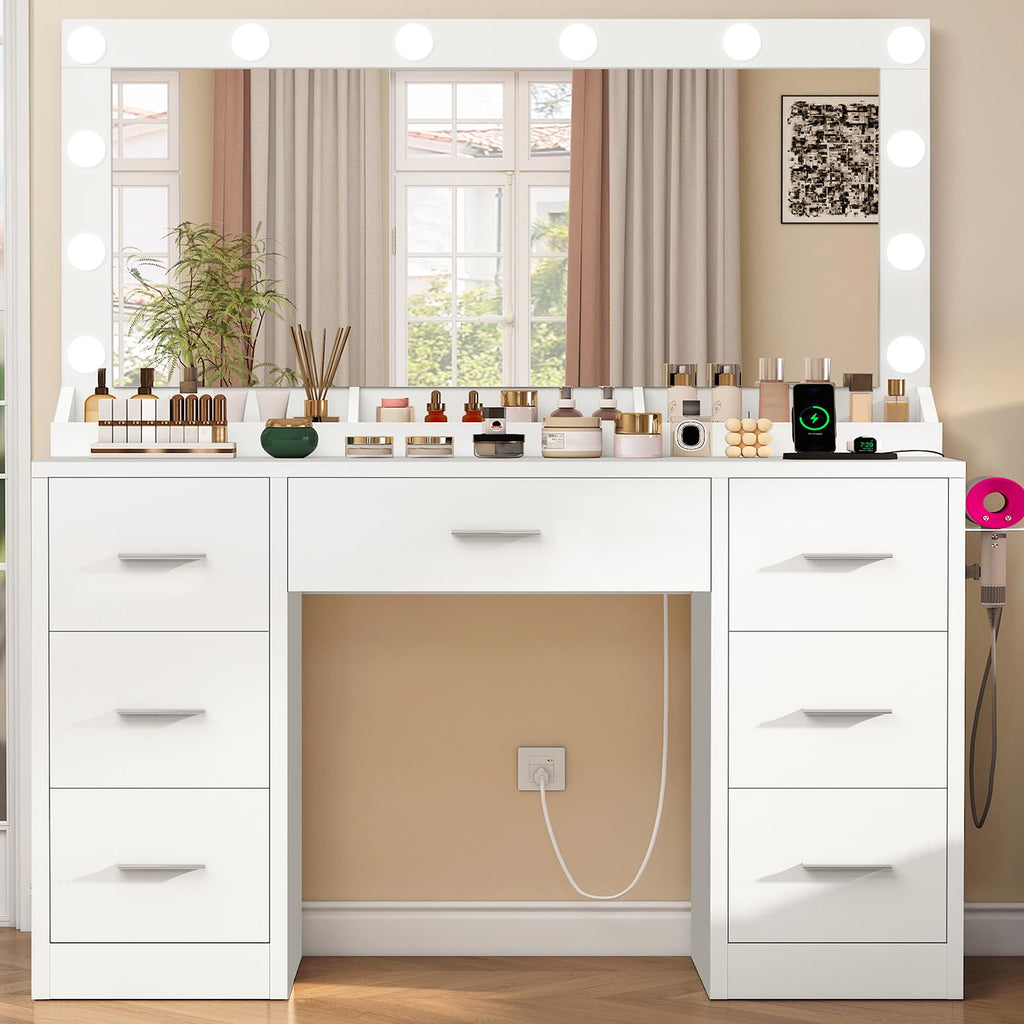 White Vanity Desk with 12 LED Lights and 7 Drawers K9359