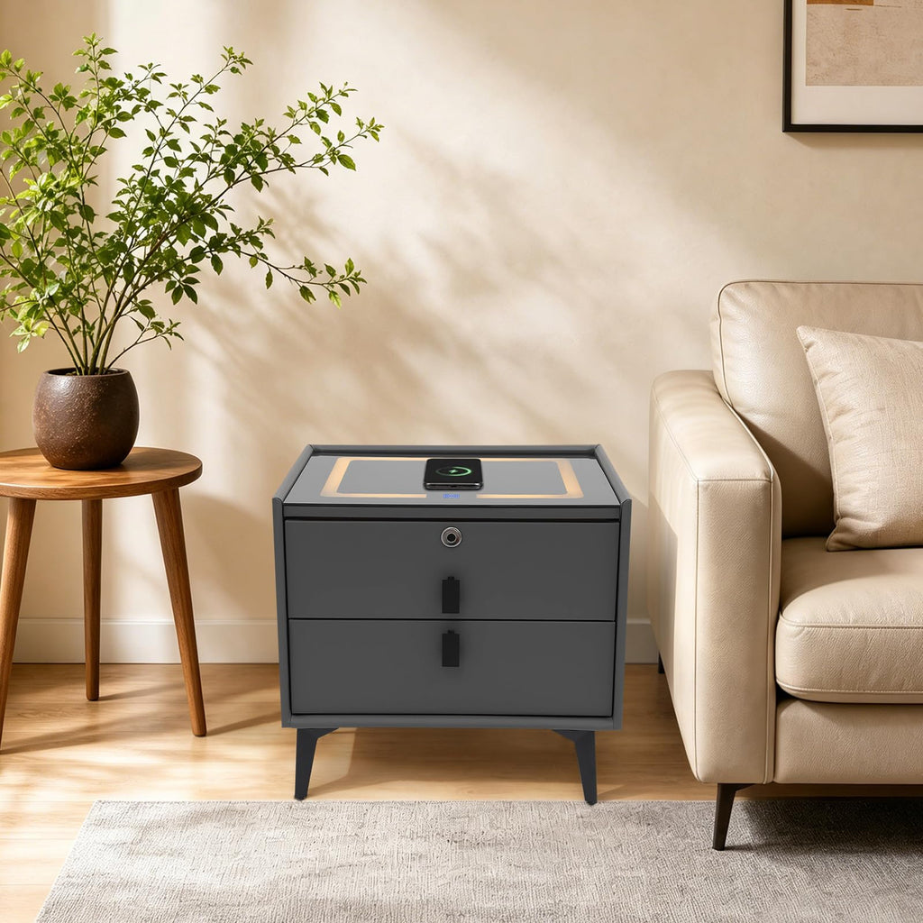 Smart Nightstand with Fingerprint Lock, Wireless Charging & 2-Drawer E6254