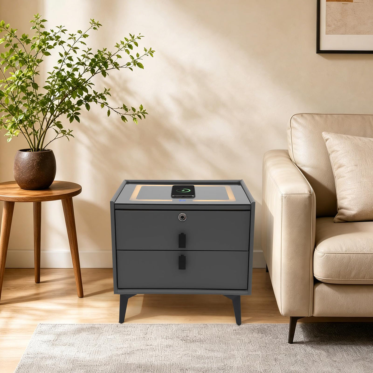 Smart Nightstand with Fingerprint Lock, Wireless Charging & 2-Drawer E6254