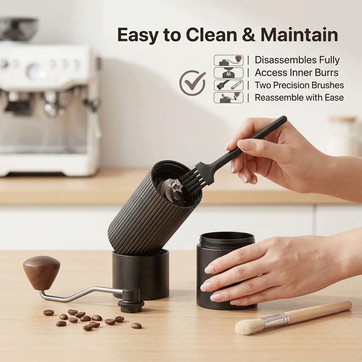 Manual Coffee Grinder with Strainer & Brush, Adjustable Stainless Steel Burr, 30g Hand Crank Coffee Mill, Aluminum Body & Walnut Handle U7986