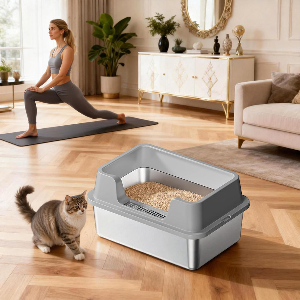 XL Stainless Steel Enclosed Cat Litter Box with Scoop W46684