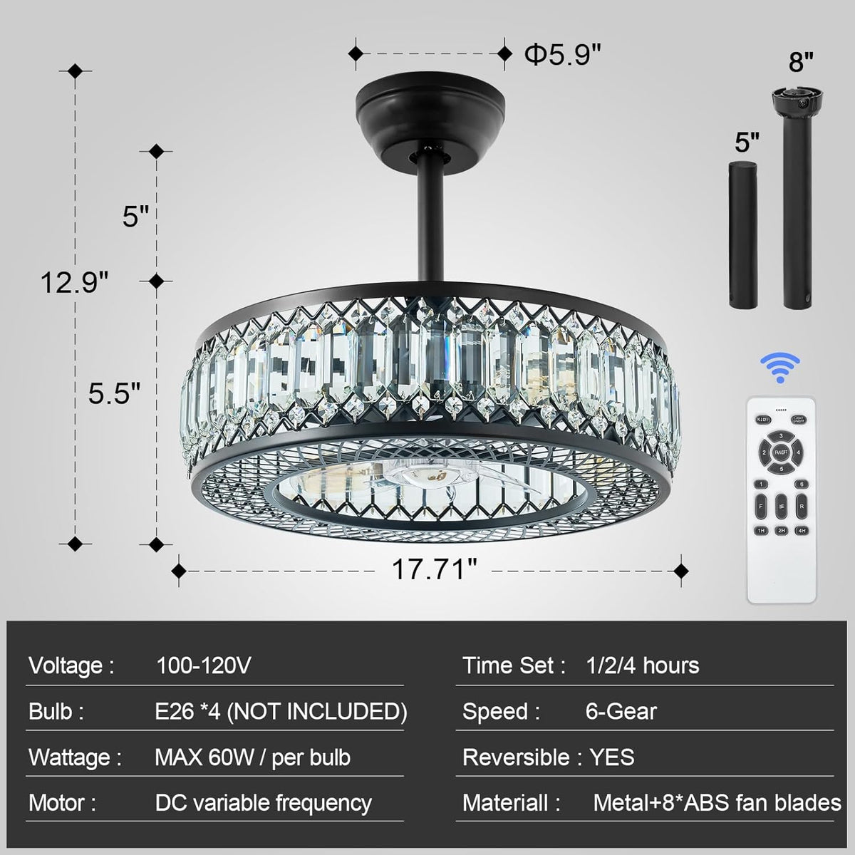 20" Black Crystal Ceiling Fan with Lights R638539