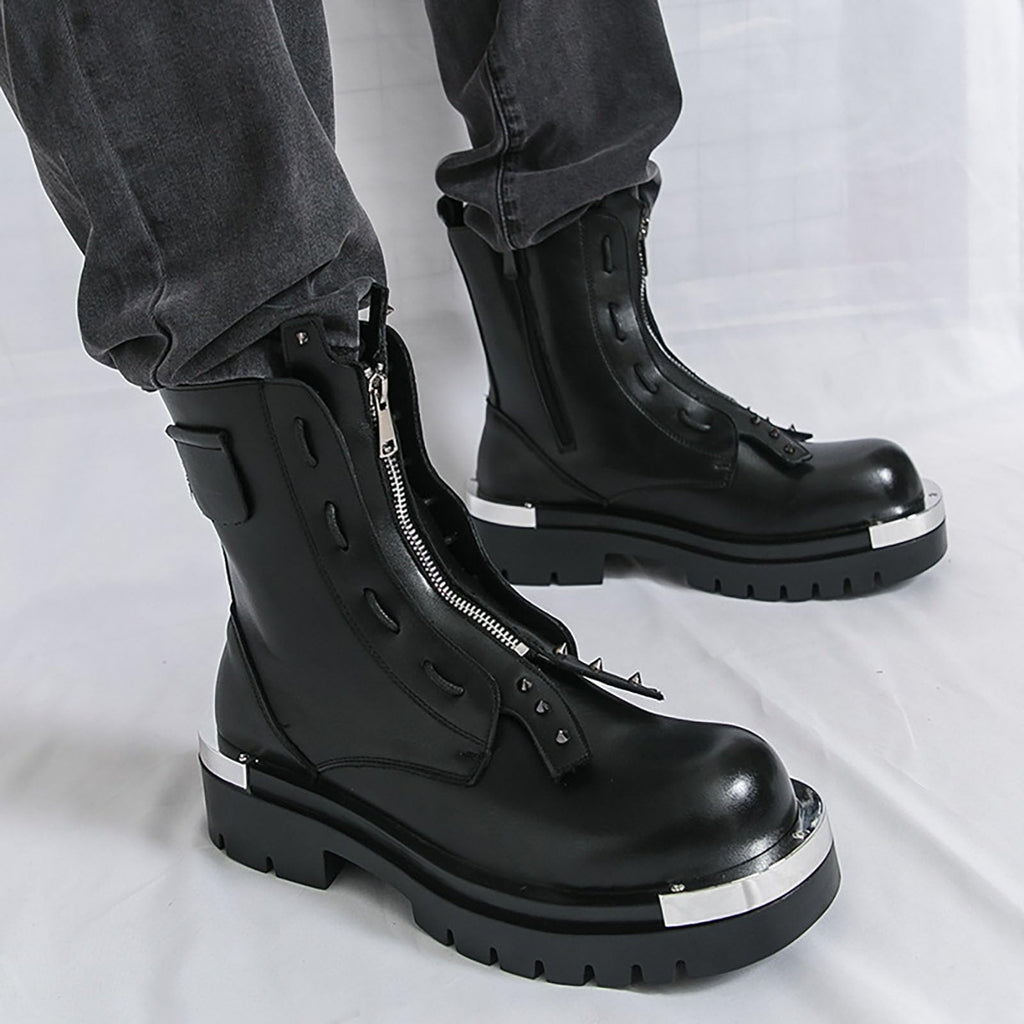 Men'S Leather Chunky Heel Motorcycle Boots With Front Zipper Round Toe Non-Slip Lug Sole Platform Ankle Boots V58598