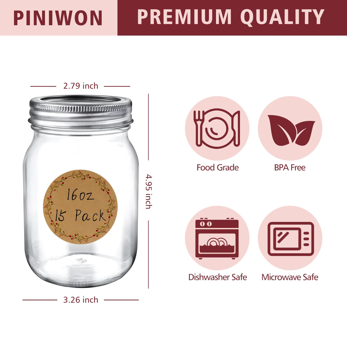 16 oz Mason Jars with Lids and Bands, 15 Pack U7949
