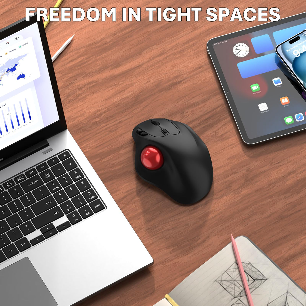 Wireless Trackball Mouse, Ergonomic with 30° Tilt, 5 DPI, Red A848639