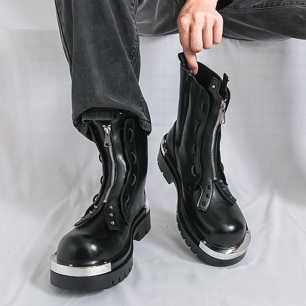 Men'S Leather Chunky Heel Motorcycle Boots With Front Zipper Round Toe Non-Slip Lug Sole Platform Ankle Boots V58598