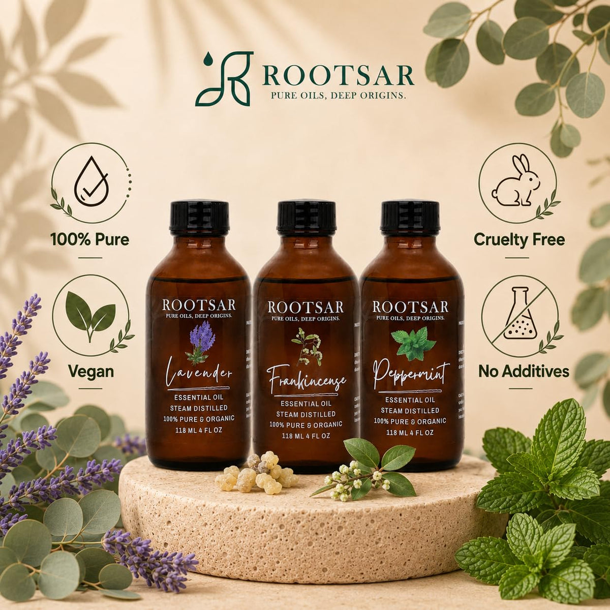3 Pack Lavender Frankincense Peppermint Essential Oils 4 Fl Oz O328