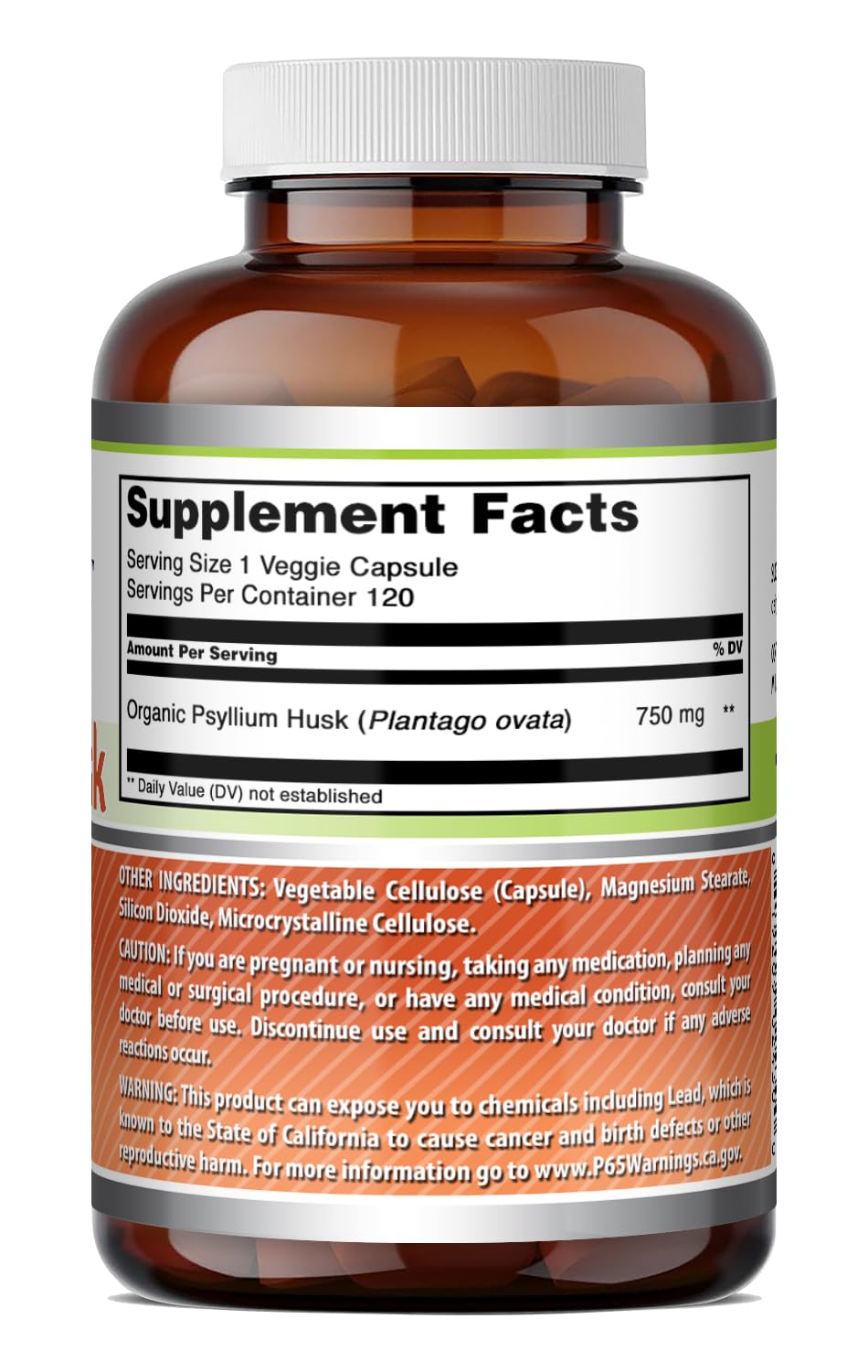 Psyllium Husk 750mg Veggie Capsules Supplement 120 Count H16476
