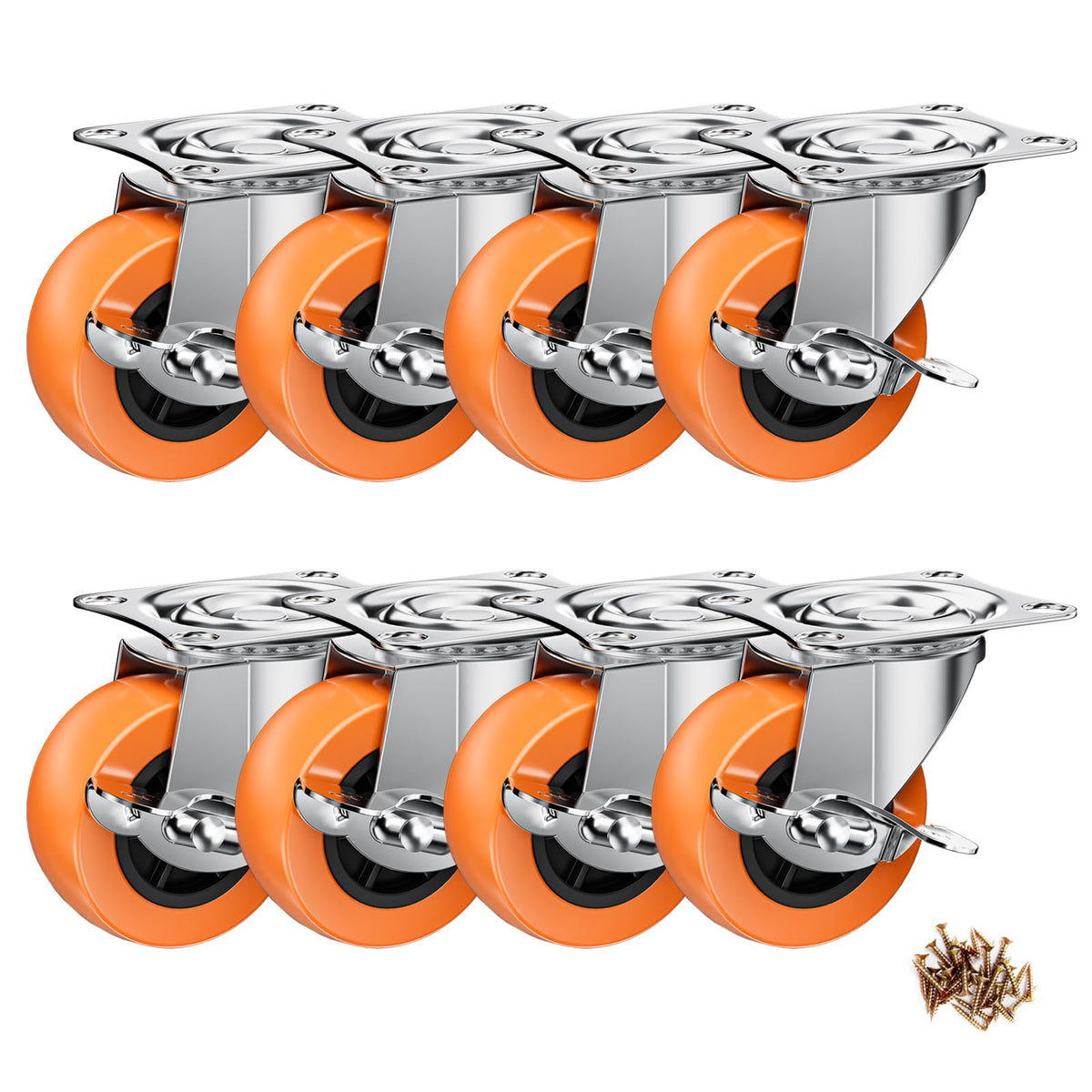 2" Plate Casters with Brake, 8 Pack PU Swivel Wheels W86625
