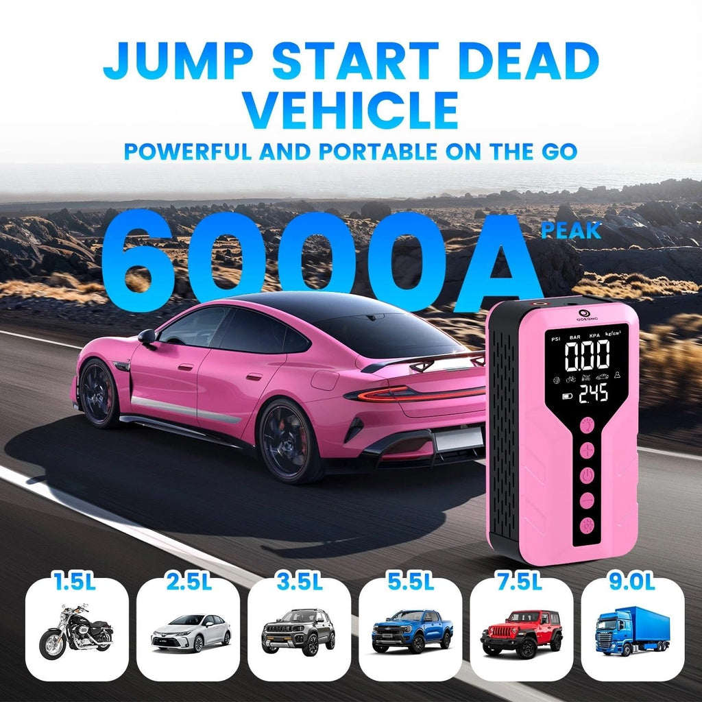 Deep Pink Lithium Ion 6000 Amps Peak Jump Starter with Air Compressor P17534