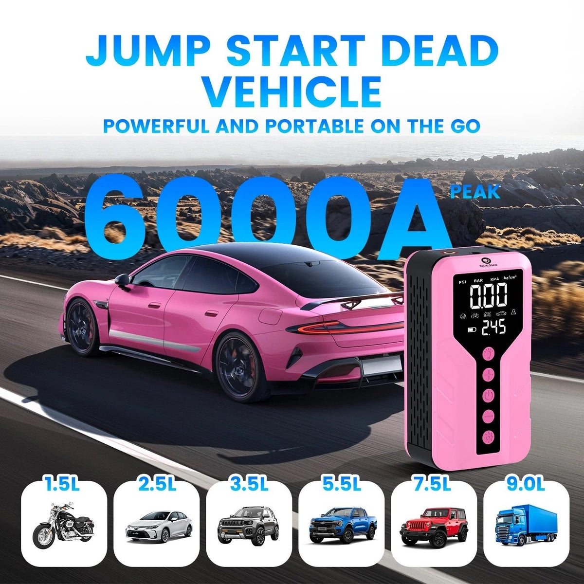 Deep Pink Lithium Ion 6000 Amps Peak Jump Starter with Air Compressor P17534