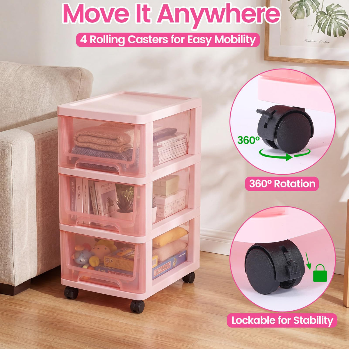 Pink 3-tier Plastic Storage Cart with Wheels W518159