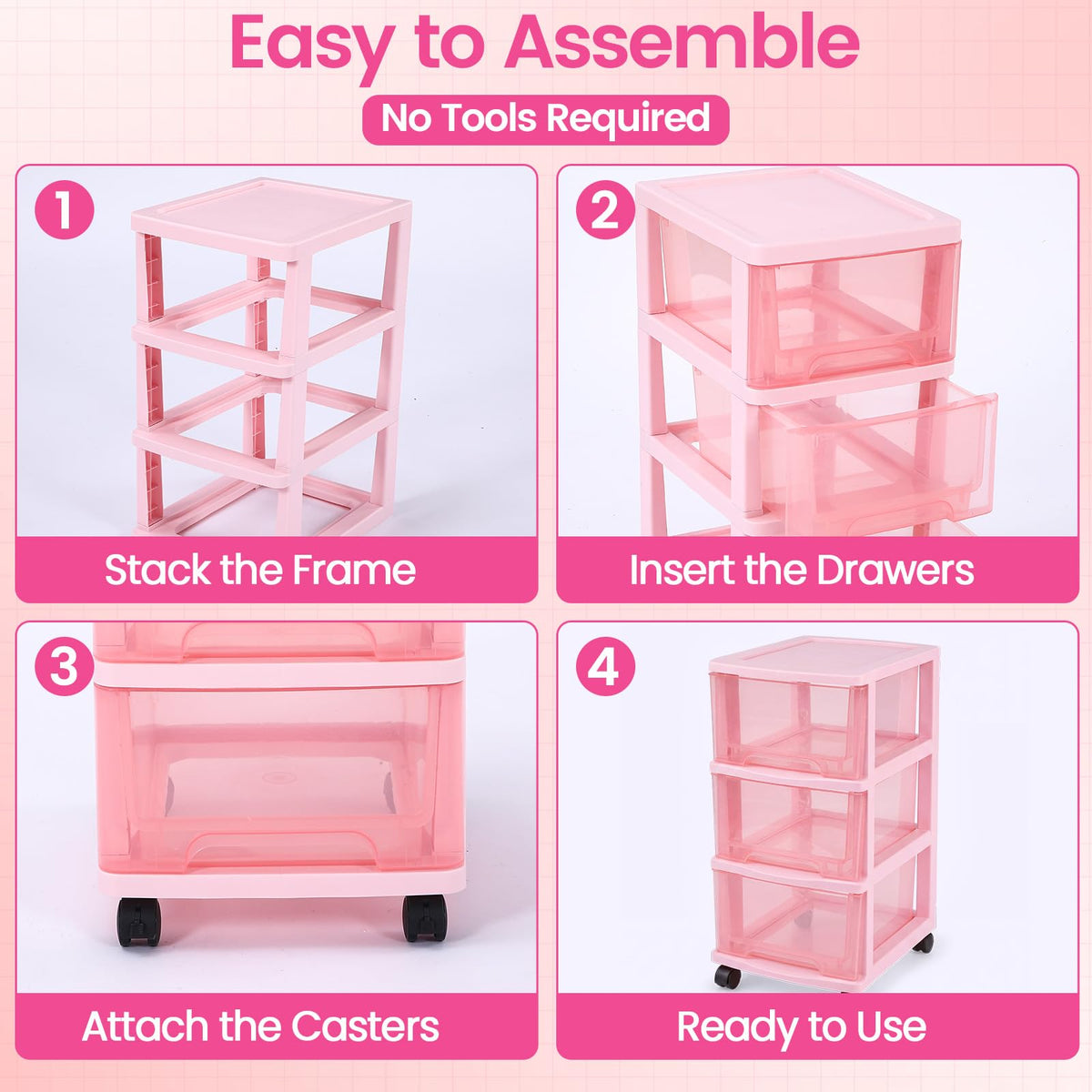 Pink 3-tier Plastic Storage Cart with Wheels W518159
