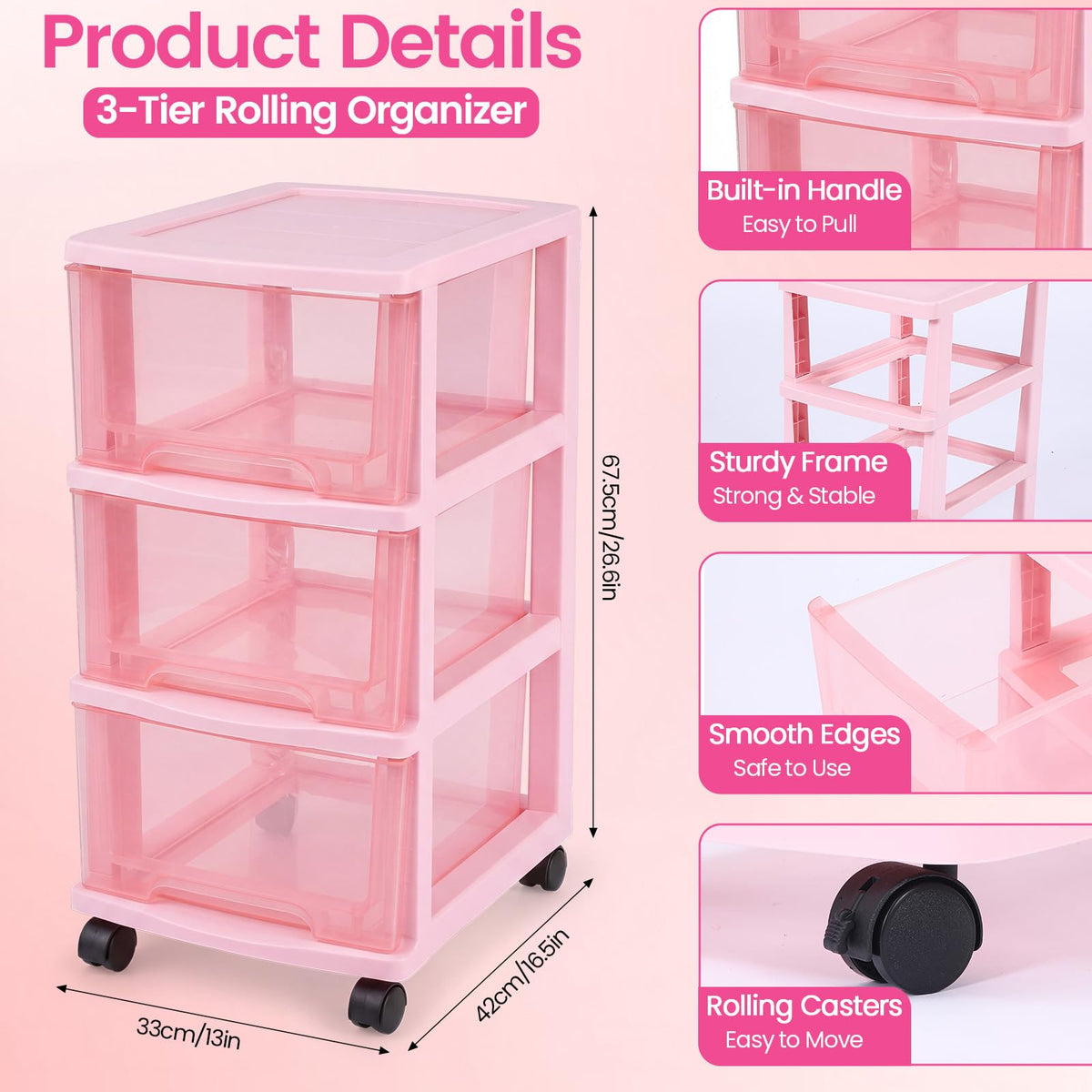 Pink 3-tier Plastic Storage Cart with Wheels W518159