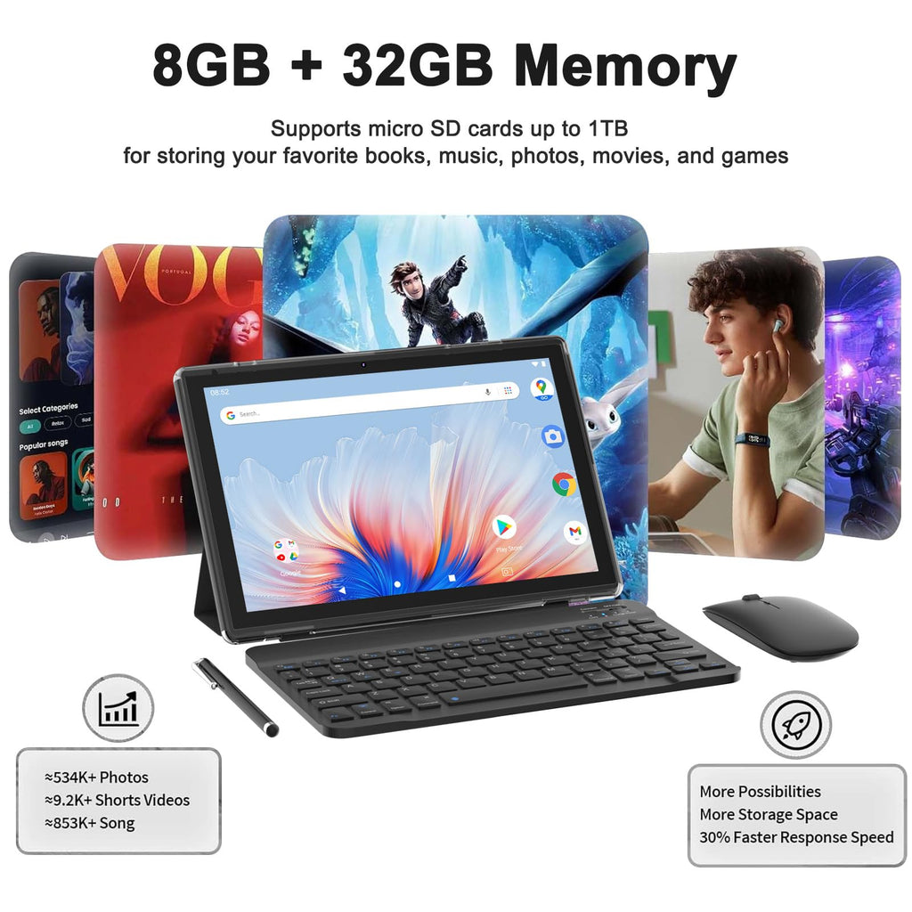 Android 14 2 in 1 Tablet with Keyboard 10 inch 8GB+64GB Black H401325