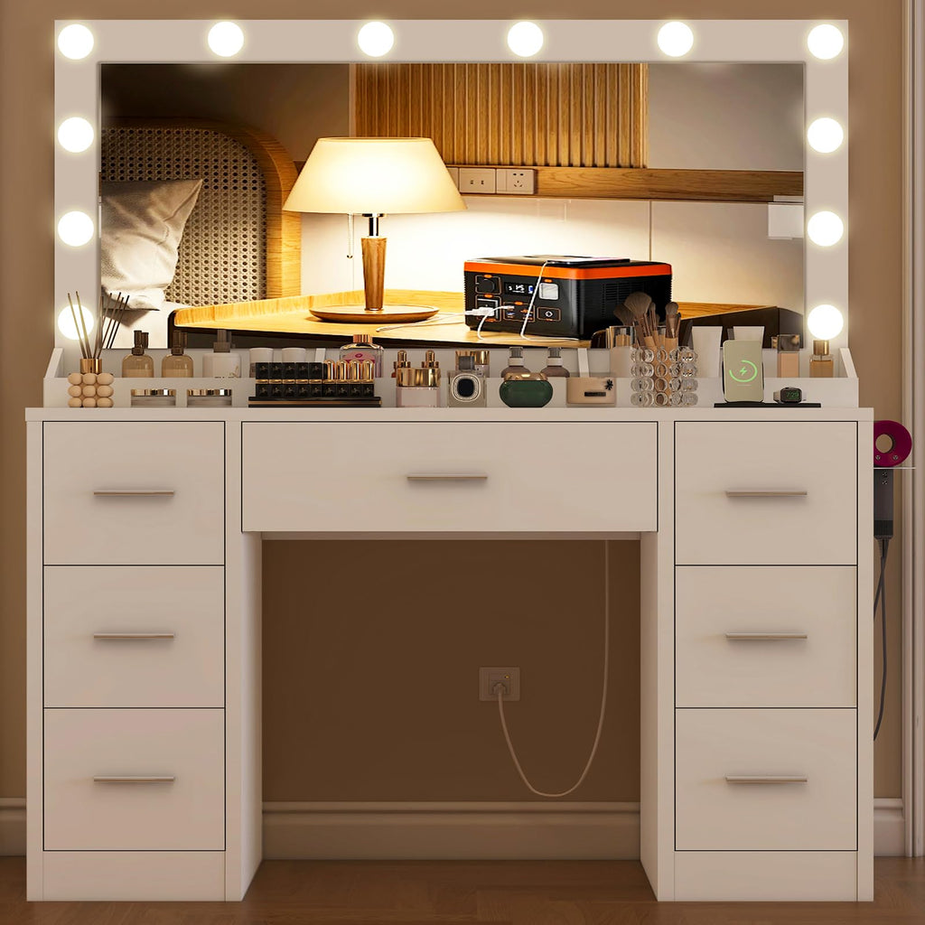 White Vanity Desk with 12 LED Lights and 7 Drawers K9359