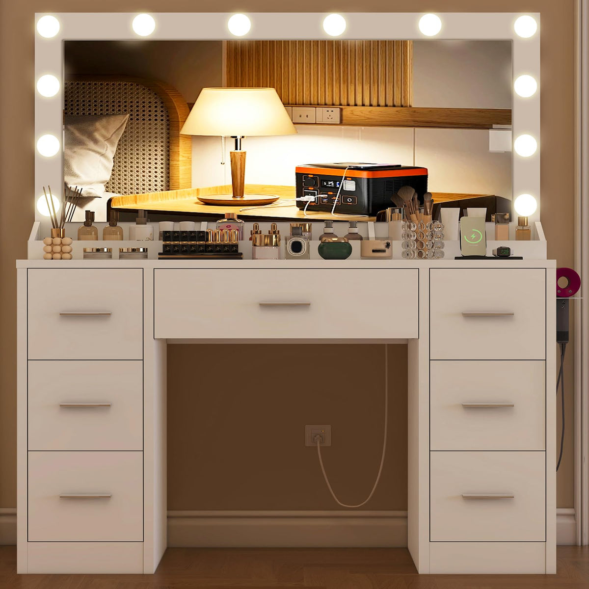 White Vanity Desk with 12 LED Lights and 7 Drawers K9359