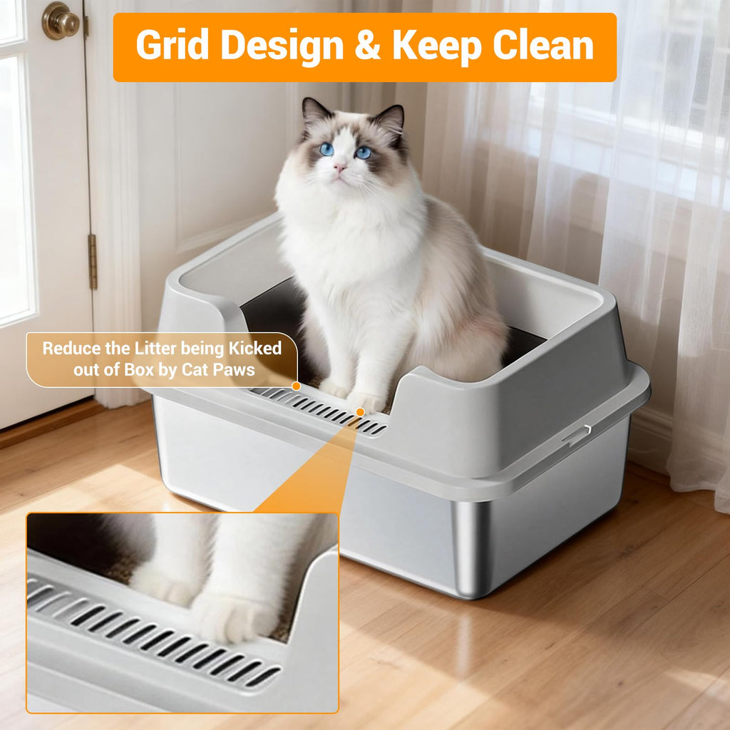 XL Stainless Steel Enclosed Cat Litter Box with Scoop W46684