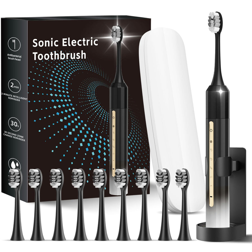 Black White Electric Toothbrush with 10 Brush Heads E69559